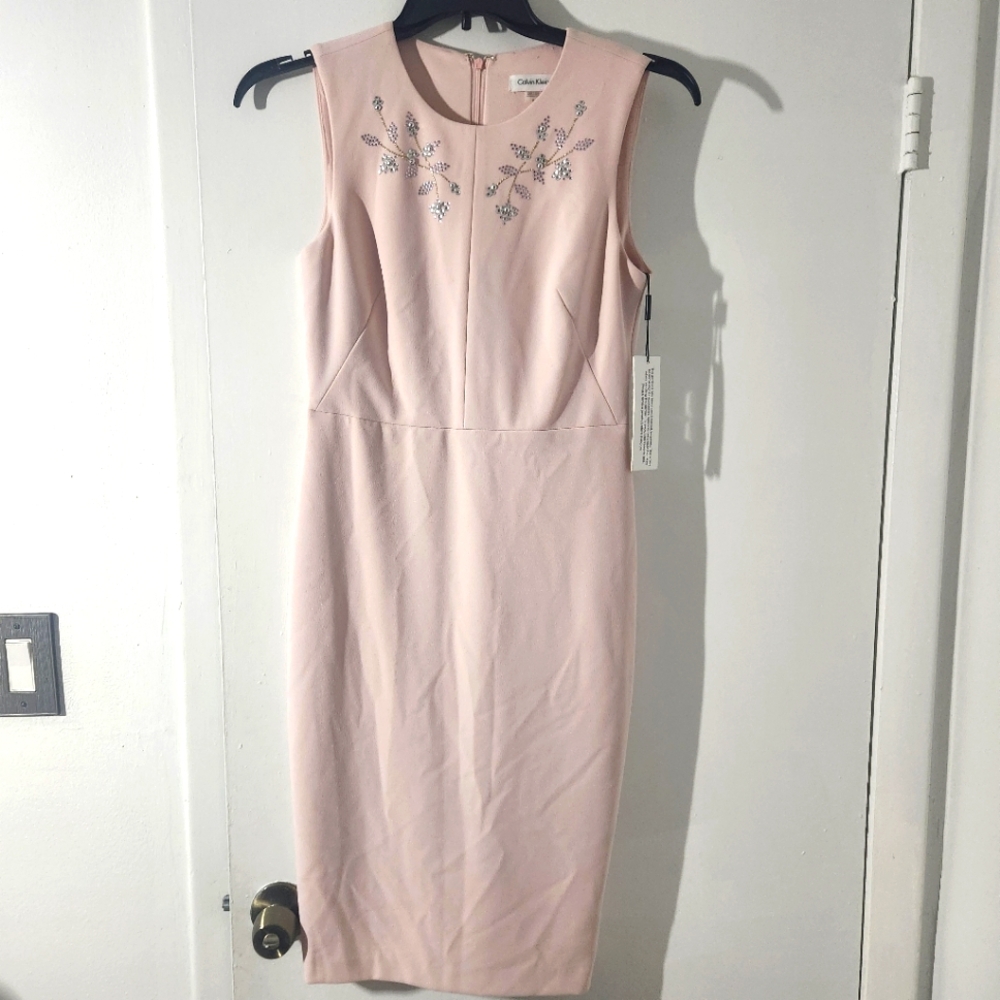 Calvin Klein Light Pink Nude Rhinestone Neck Sleeveless Embellished Dress NEW